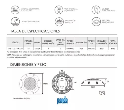 Paquete 7 Lampara Led Para Alberca Colores Rgb 18w Transform