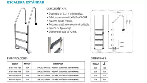 ESCALERA ESTÁNDAR, 3 PELDAÑOS (ANATÓMICOS), INOX. 304