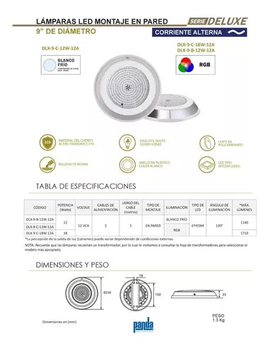 Lampara LED Para Piscina, Deluxe, Panda, Rgb, 12 Watts, 12 V