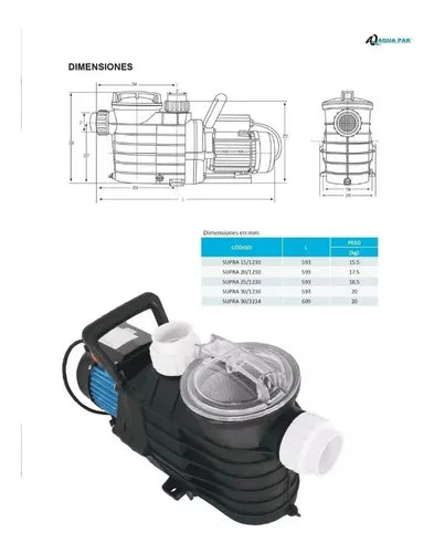 Bomba Alberca Aqua Pak Supra 20 2hp 230v Monofásica 460l/min