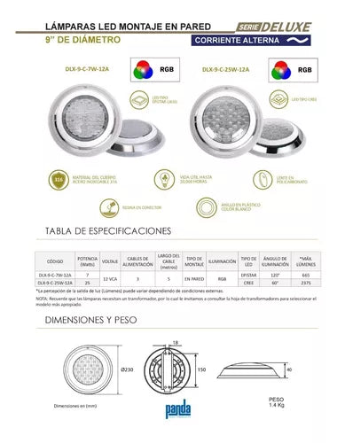 Lámpara led para piscinas DELUXE 25w 12Vca RGB (16 modos de iluminación)