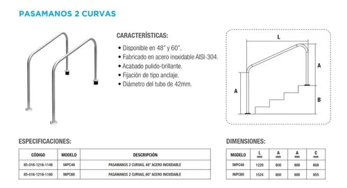 Pasamanos 2 Curvas Acero Inox Para Alberca 1 Pza 48